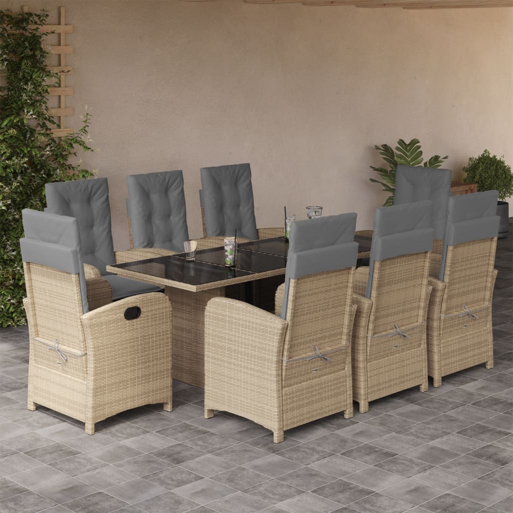 9 Pcs conj. jantar jardim c/ almofadões vime PE bege misturado