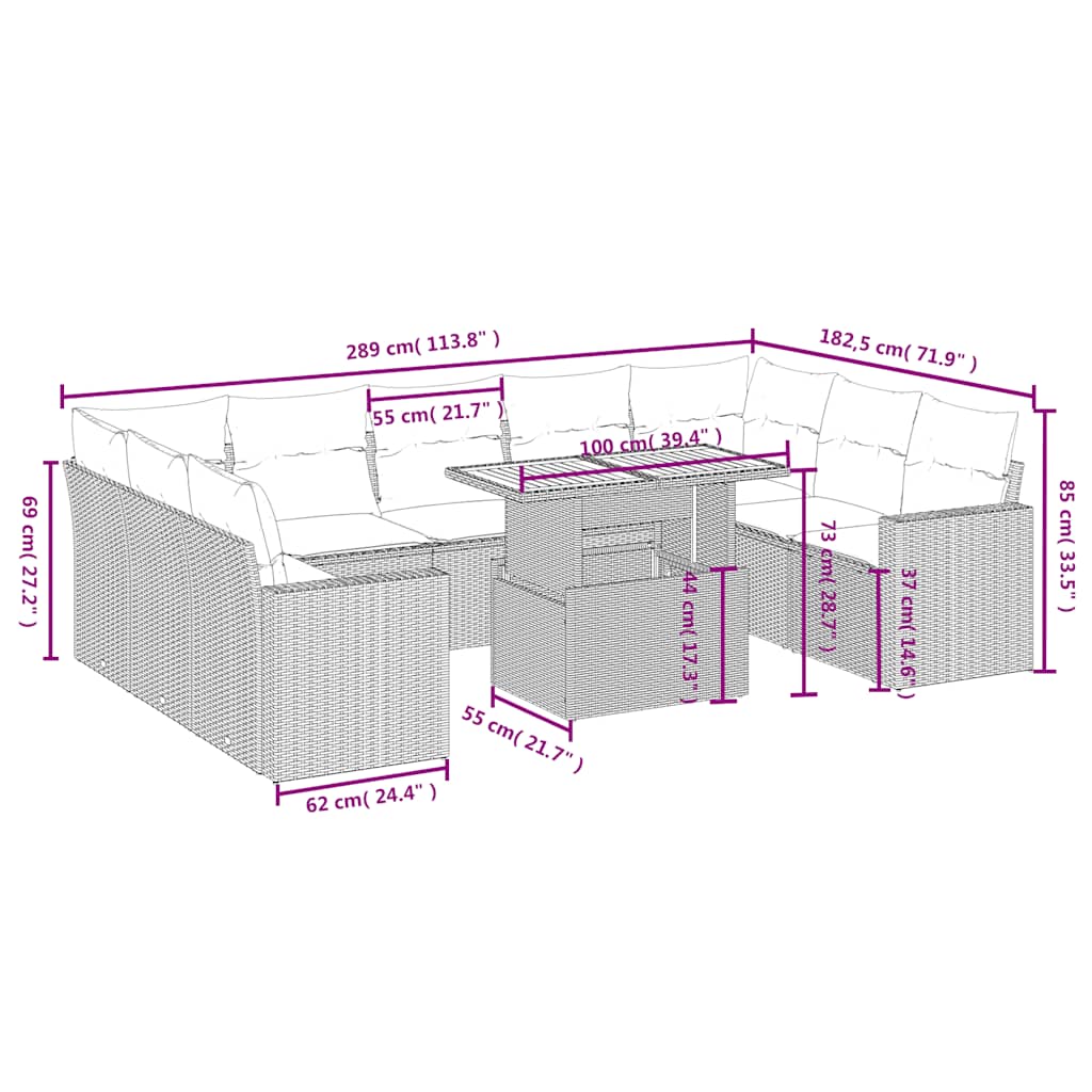 10 Pcs conjunto sofás de jardim c/ almofadões vime PE preto