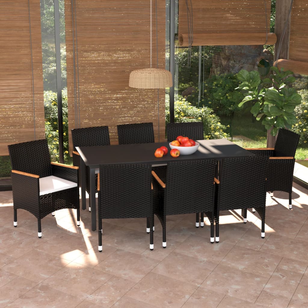 9 Pcs conjunto de jantar p/ jardim c/ almofadões vime PE preto