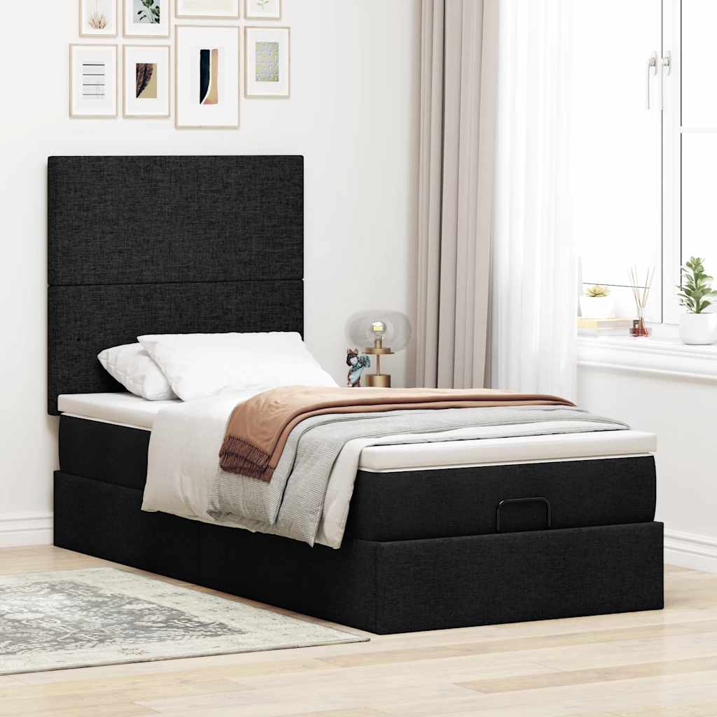 Cama otomana com colchão 100x200 cm tecido preto