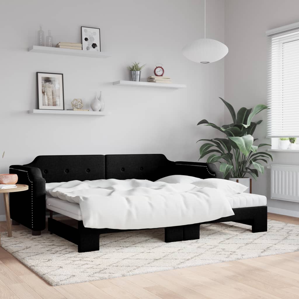 Sofá-cama com gavetão e colchões 90x190 cm tecido preto