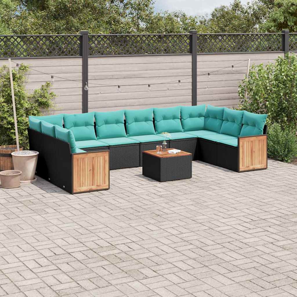 Conjunto de sofá de jardim com 11 peças e almofadas em rattan sintético preto