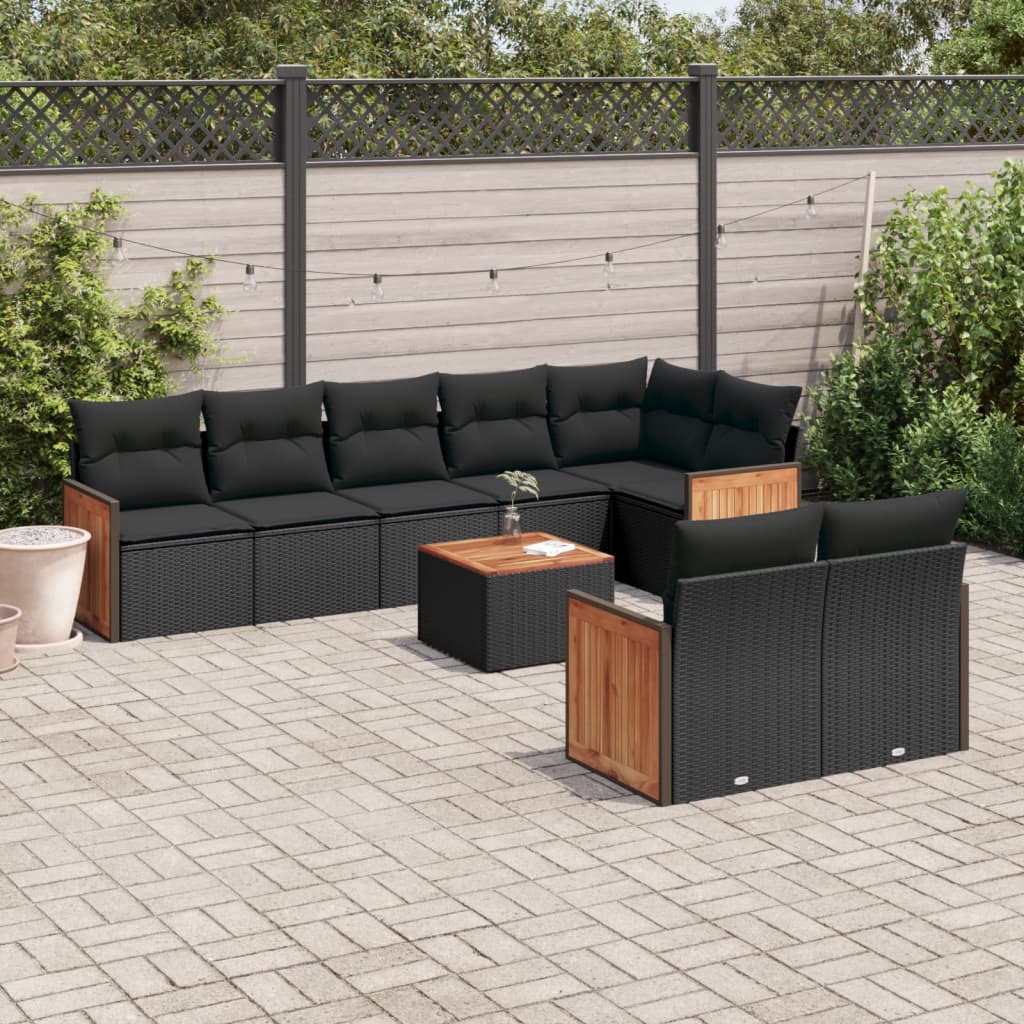 9 Pcs conjunto de sofás p/ jardim c/ almofadões vime PE preto