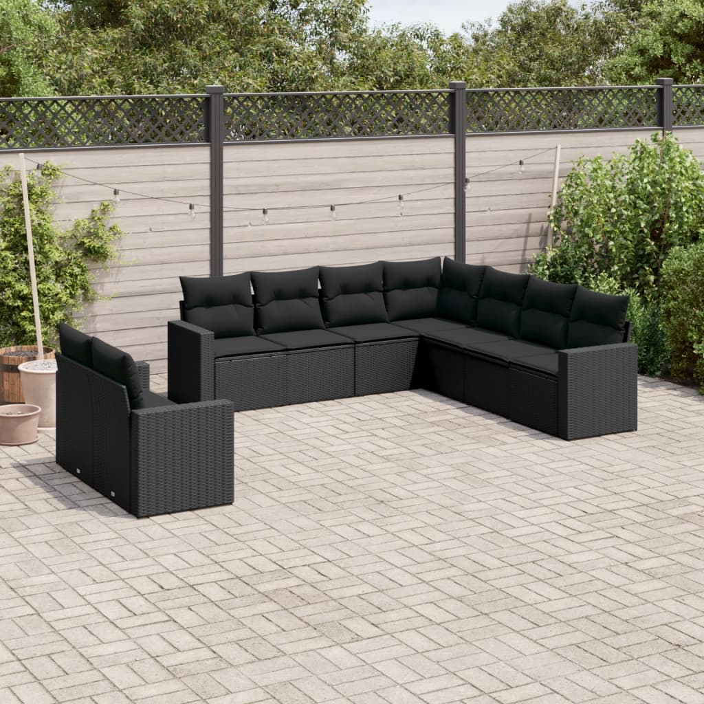 9 Pcs conjunto de sofás p/ jardim c/ almofadões vime PE preto