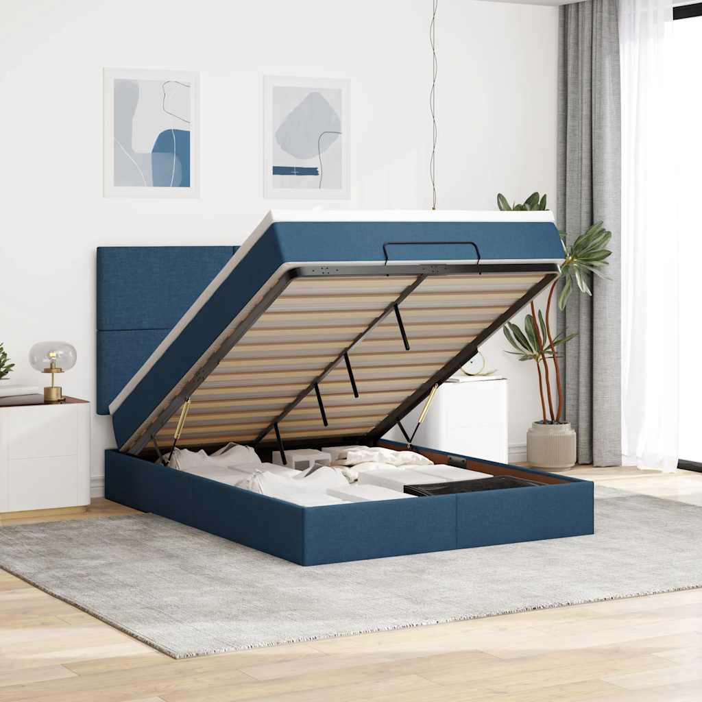 Estrutura de cama otomana com colchão 140x190cm tecido azul