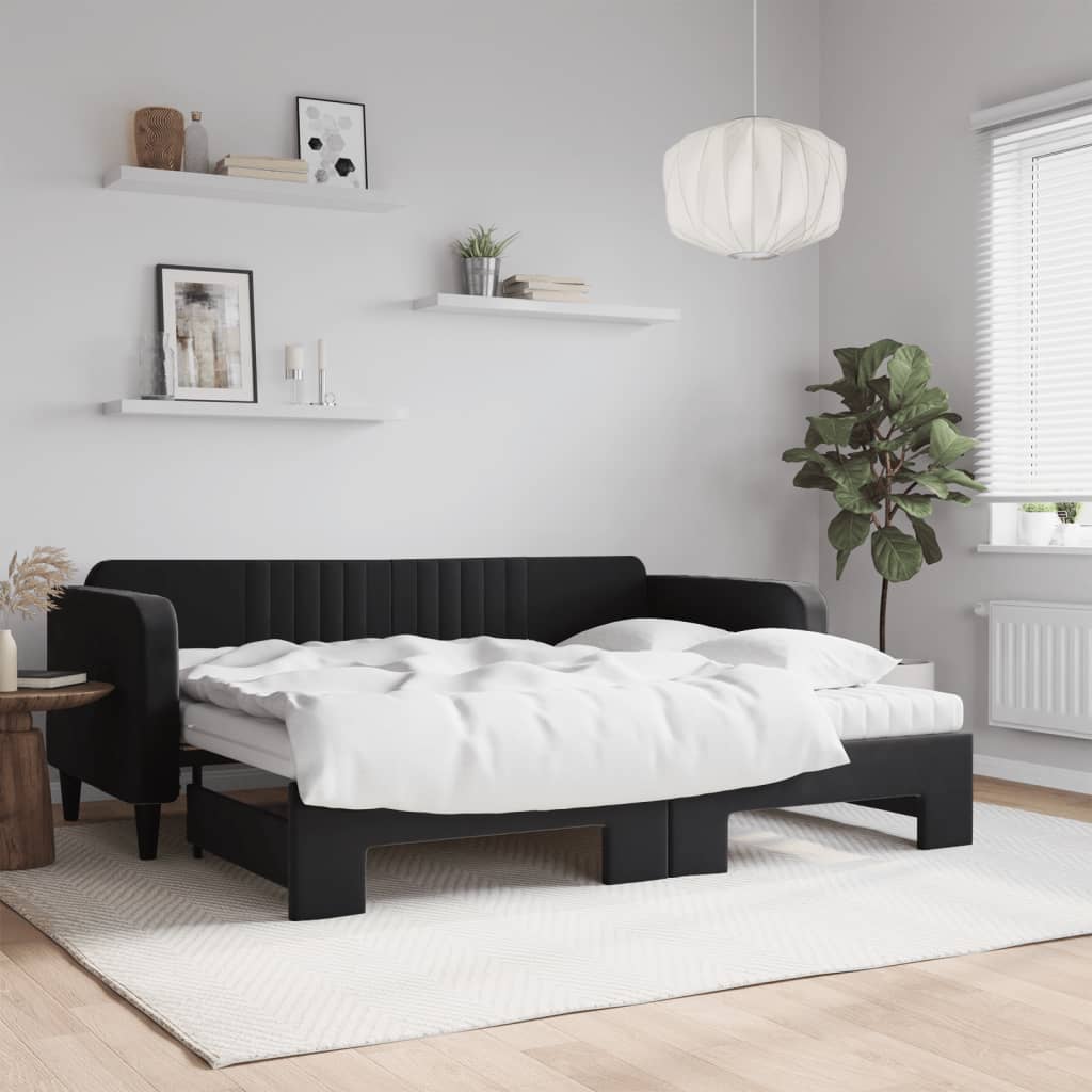 Sofá-cama com gavetão e colchões 90x200 cm veludo preto