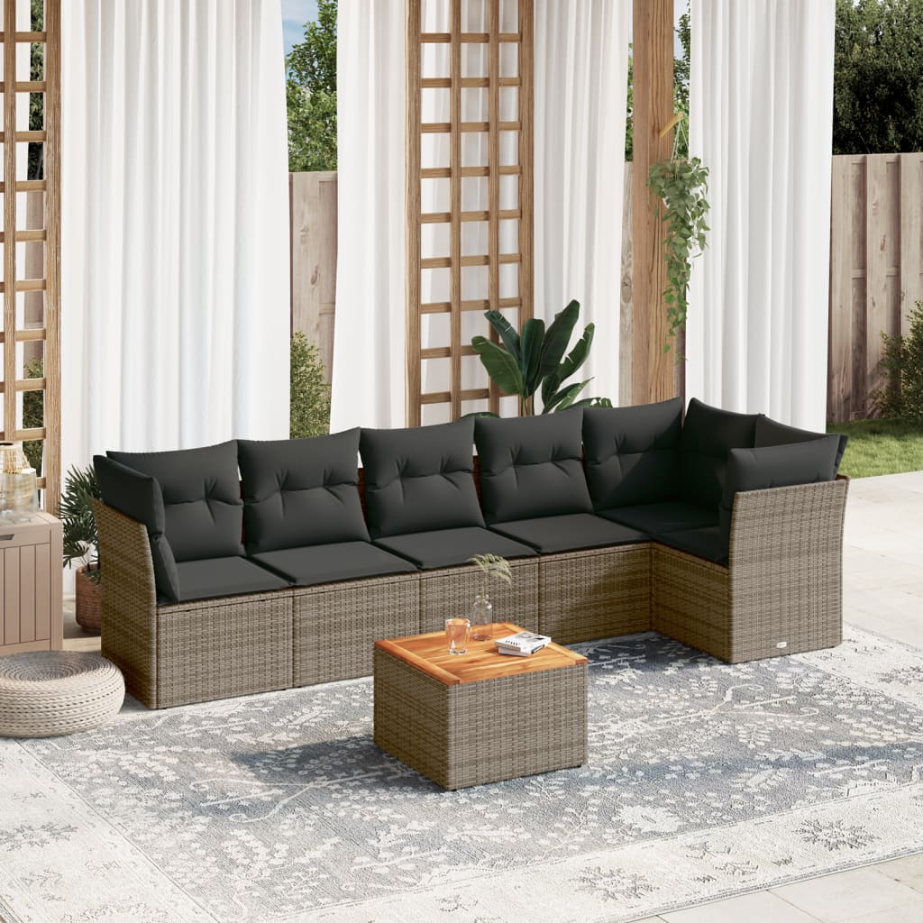 7 Pcs conjunto sofás p/ jardim c/ almofadões vime PE cinzento