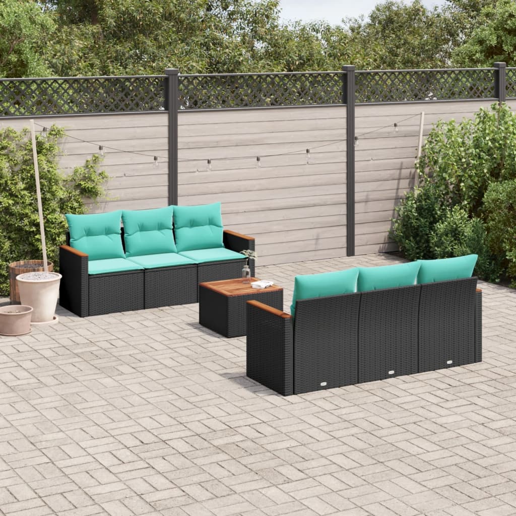 Conjunto de sofá de jardim com 7 peças e almofadas em rattan sintético preto