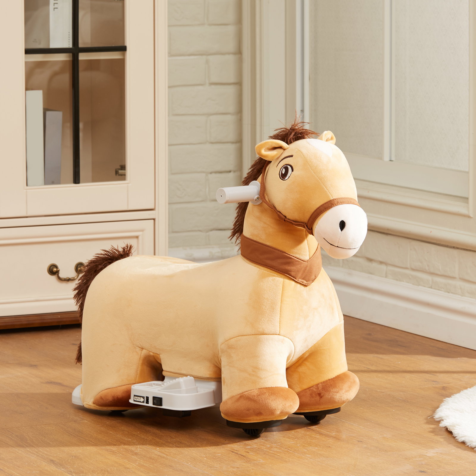 Cavalo elétrico para crianças de 18 a 36 meses cavalo de brincar elétrico com bateria 6v e música 69x34x53 cm marrom