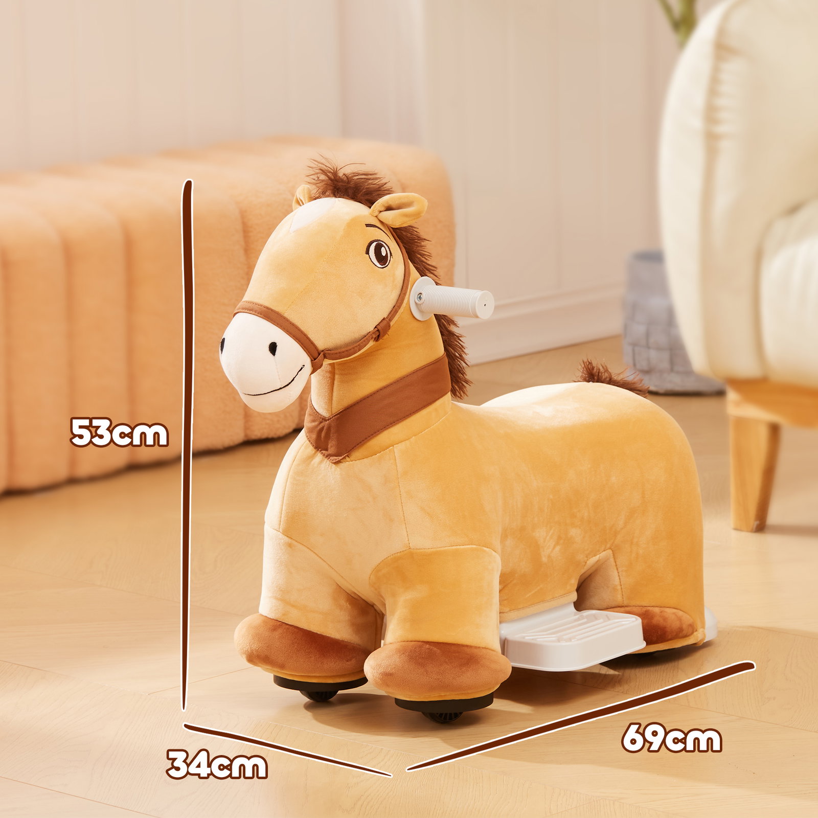 Cavalo elétrico para crianças de 18 a 36 meses cavalo de brincar elétrico com bateria 6v e música 69x34x53 cm marrom