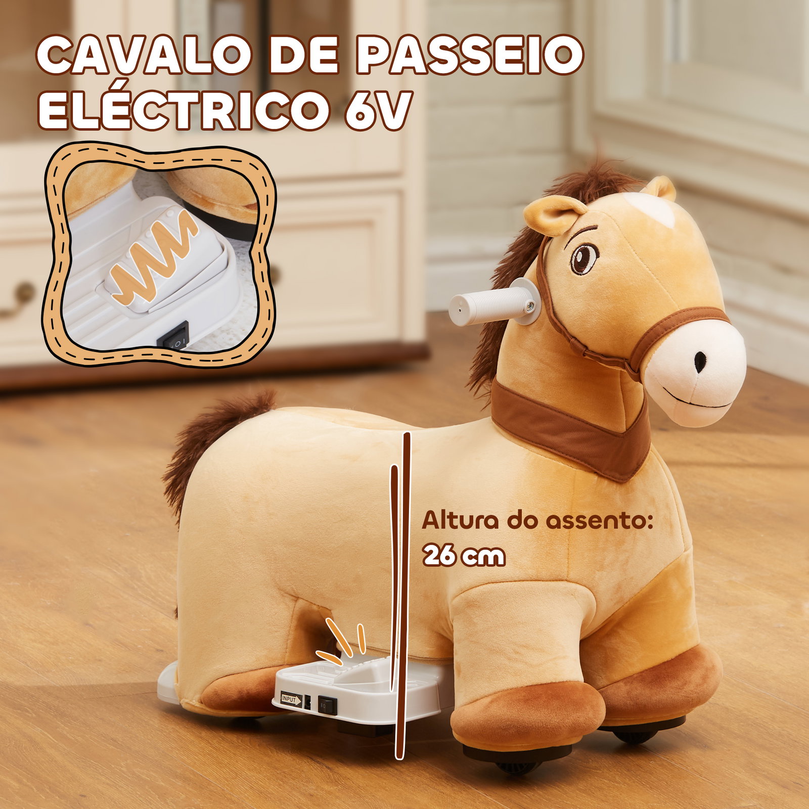 Cavalo elétrico para crianças de 18 a 36 meses cavalo de brincar elétrico com bateria 6v e música 69x34x53 cm marrom