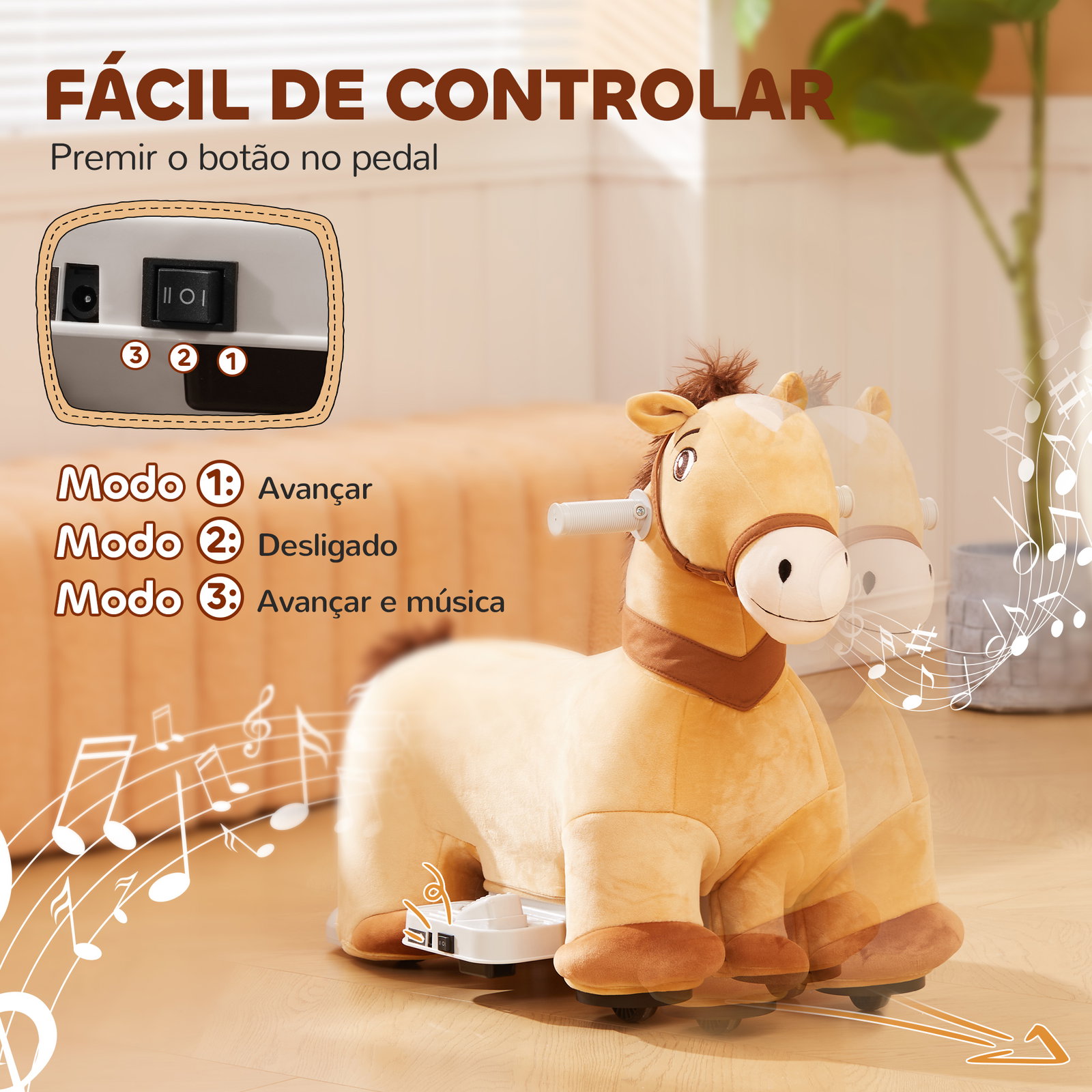 Cavalo elétrico para crianças de 18 a 36 meses cavalo de brincar elétrico com bateria 6v e música 69x34x53 cm marrom