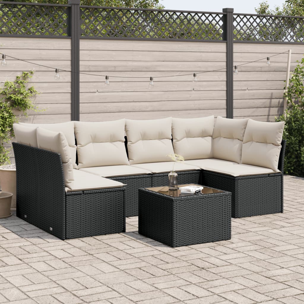 7 Pcs conjunto de sofás p/ jardim c/ almofadões vime PE preto