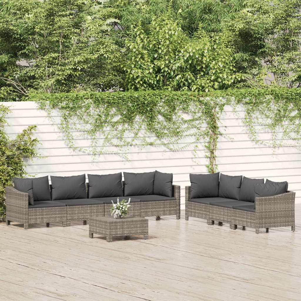 8 Pcs conjunto lounge de jardim c/ almofadões vime PE cinzento
