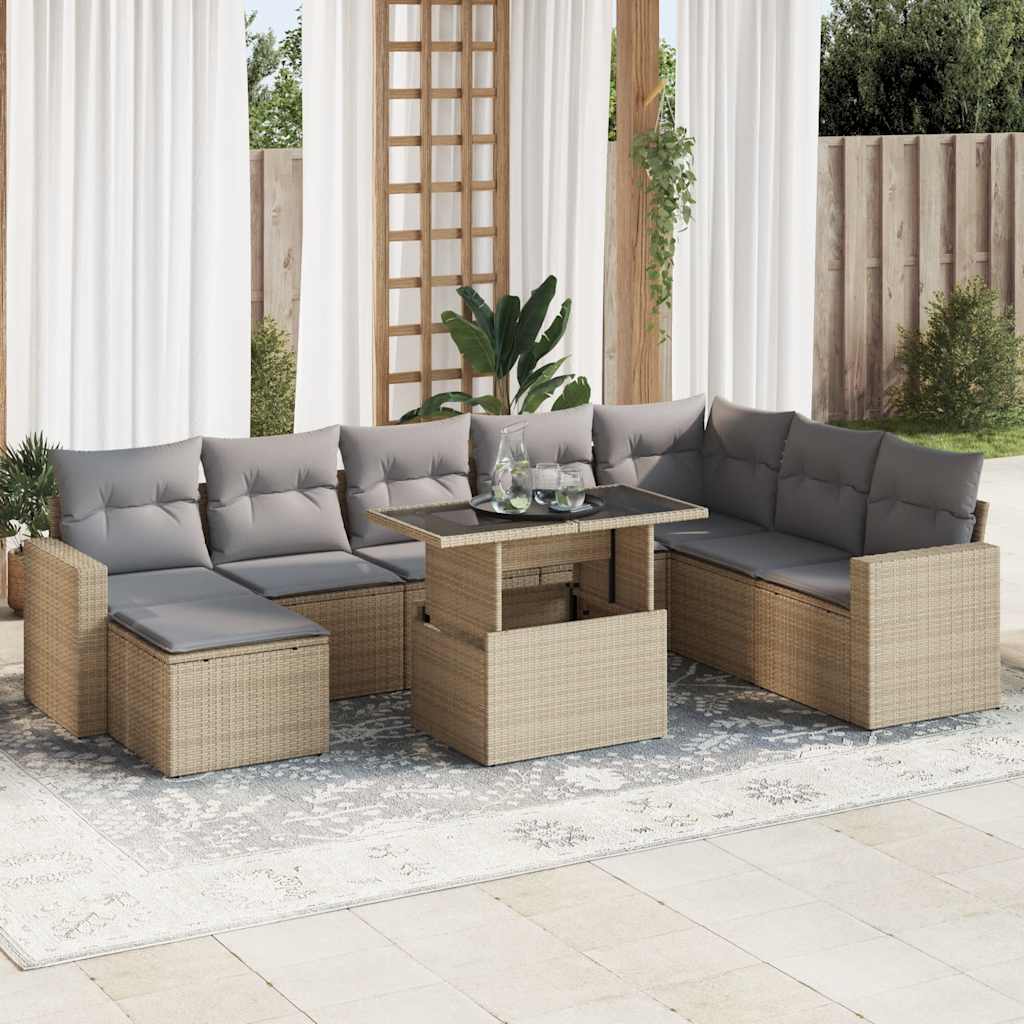 9 Pcs conjunto de sofás p/ jardim com almofadões vime PE bege