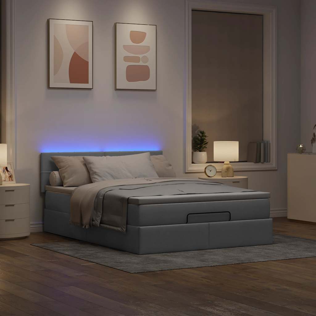 Cama otomana com colchão & leds cinzento claro 140x190cm tecido