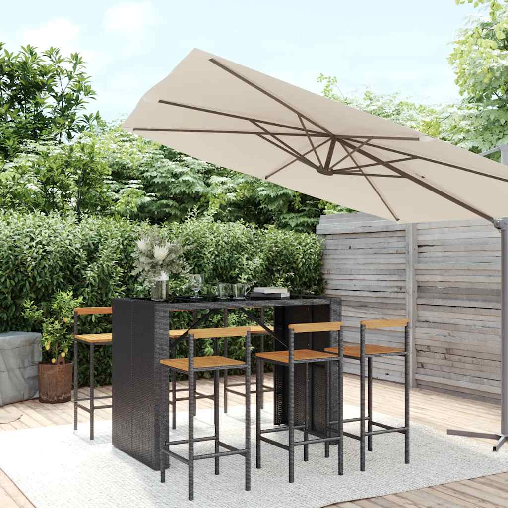 7 Pcs conjunto de bar p/ jardim vime PE/acácia maciça preto