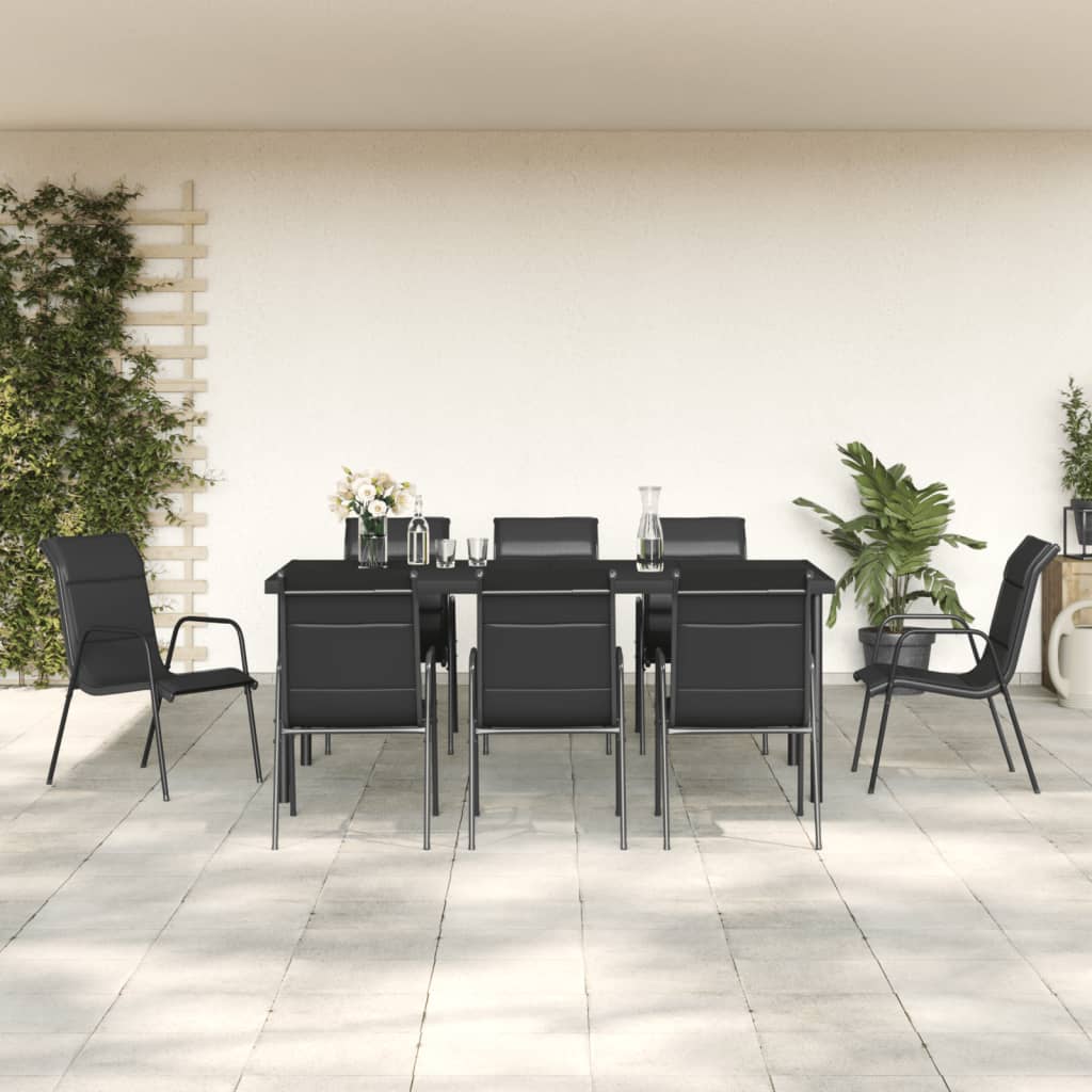 9 Pcs conjunto de jantar para jardim aço e textilene preto