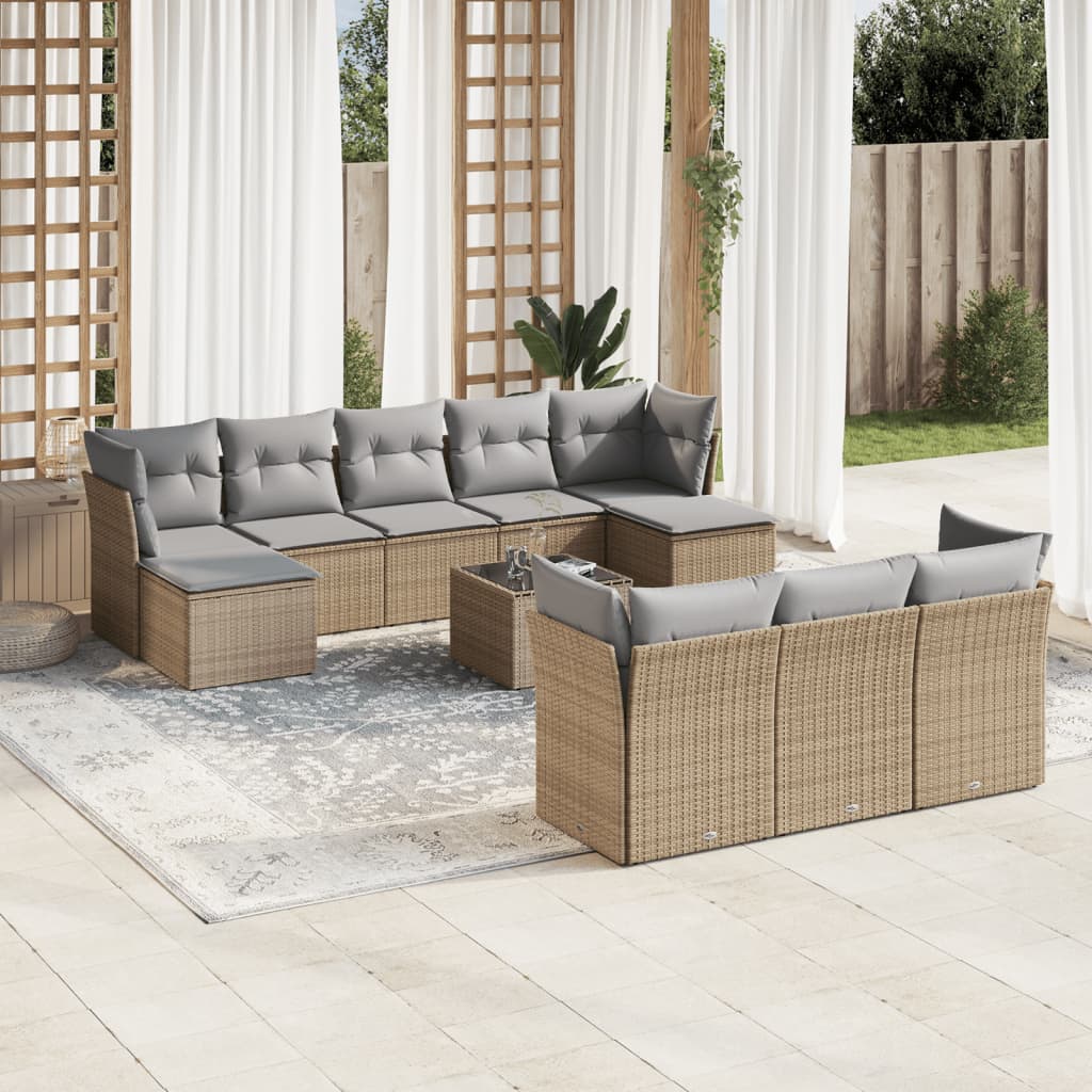 11 Pcs conjunto sofás de jardim c/ almofadões vime PE bege