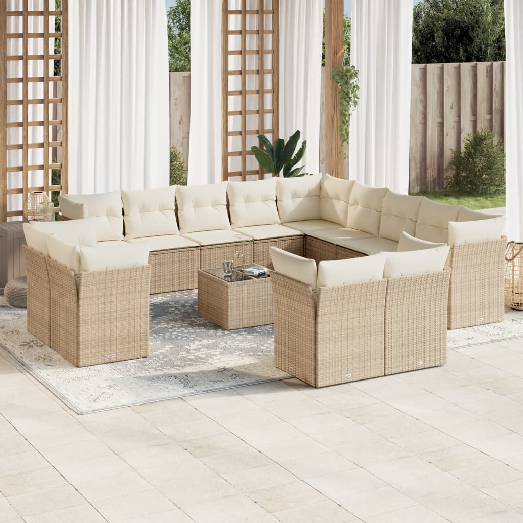 14 Pcs conjunto de sofás p/ jardim com almofadões vime PE bege
