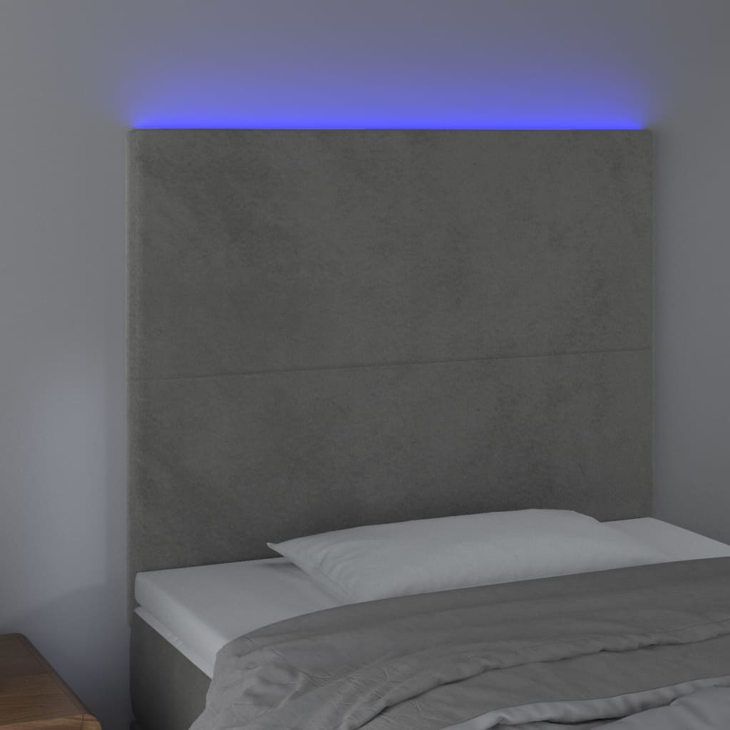 Cabeceira cama c/ luzes LED veludo 100x5x118/128cm cinza-claro