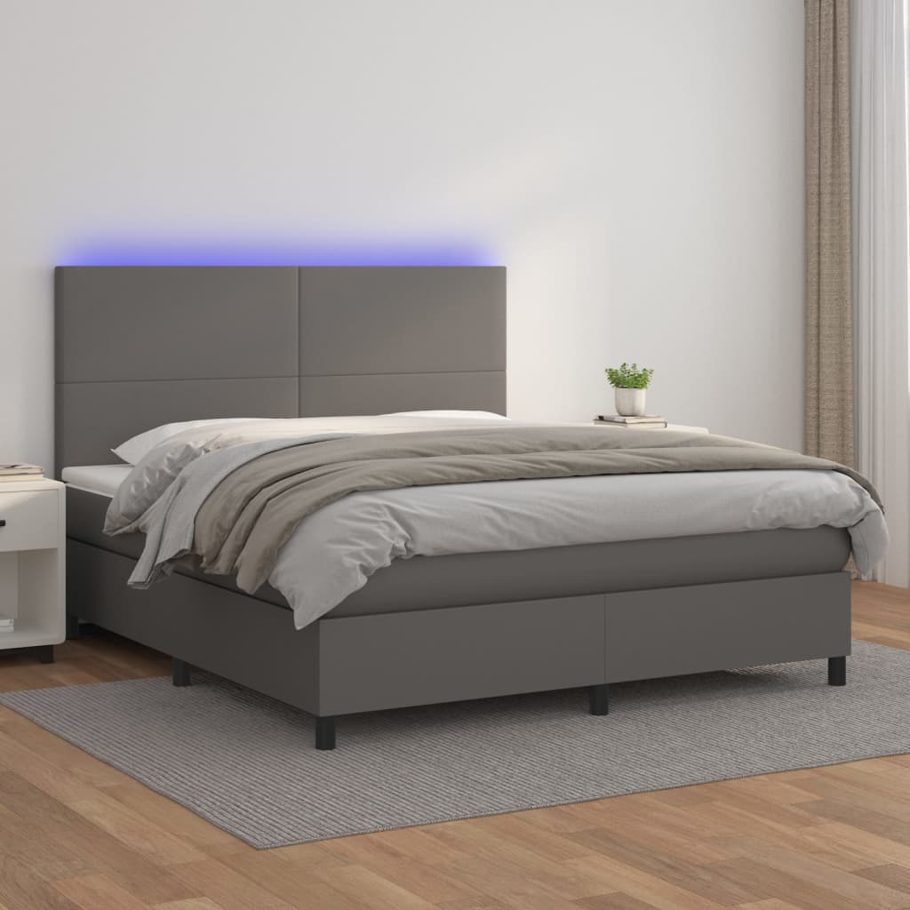 Cama box spring c/ colchão/LED 160x200cm couro artificial cinza