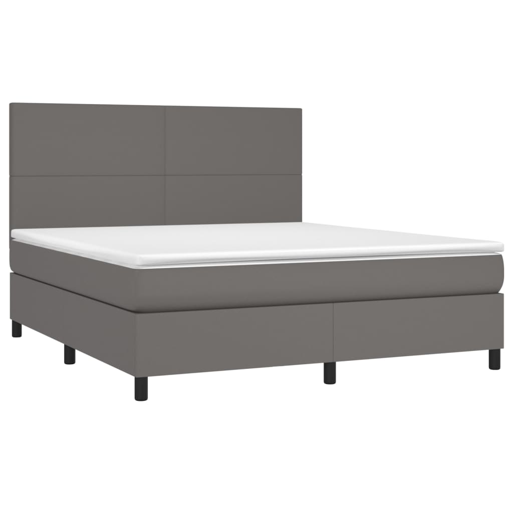Cama box spring c/ colchão/LED 160x200cm couro artificial cinza