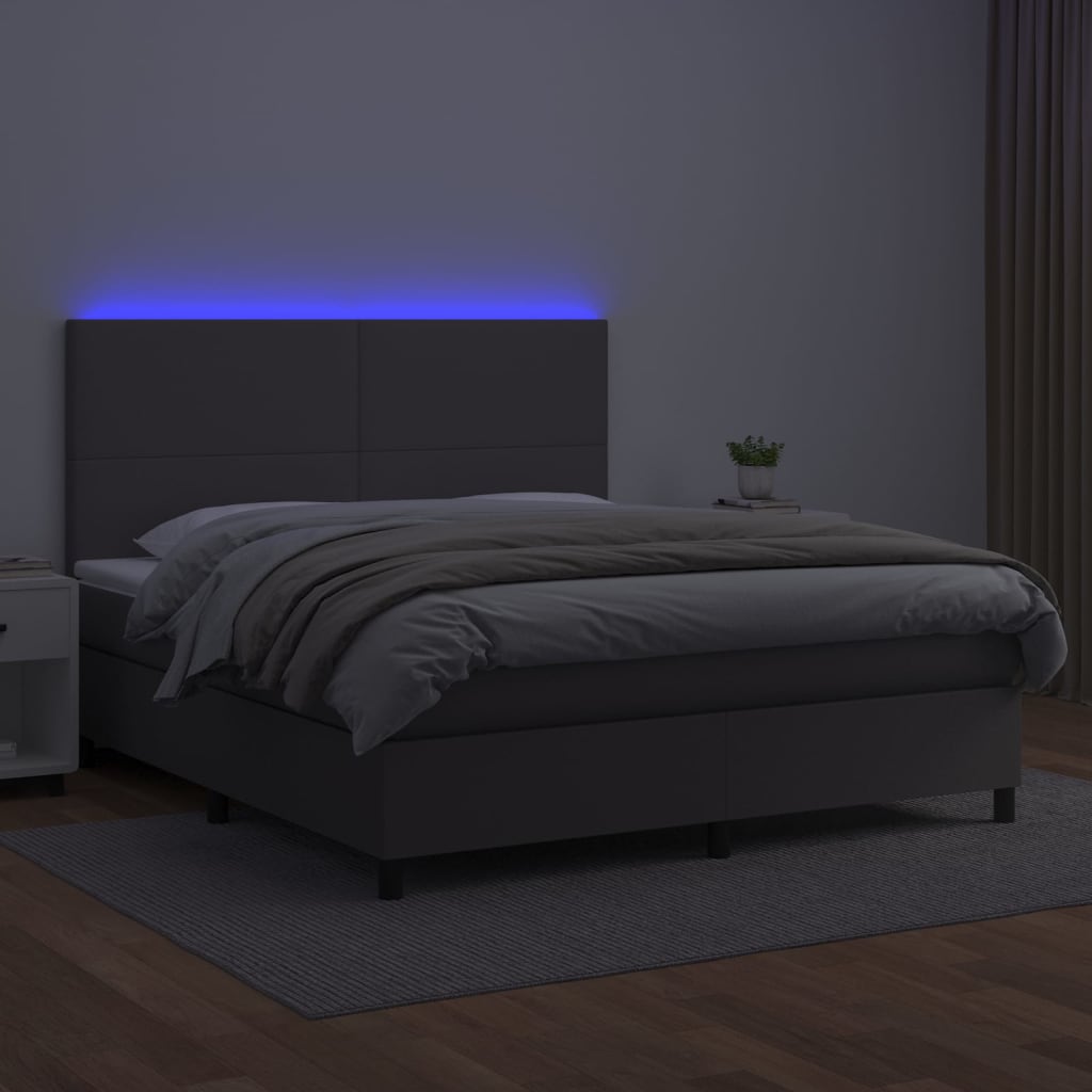 Cama box spring c/ colchão/LED 160x200cm couro artificial cinza