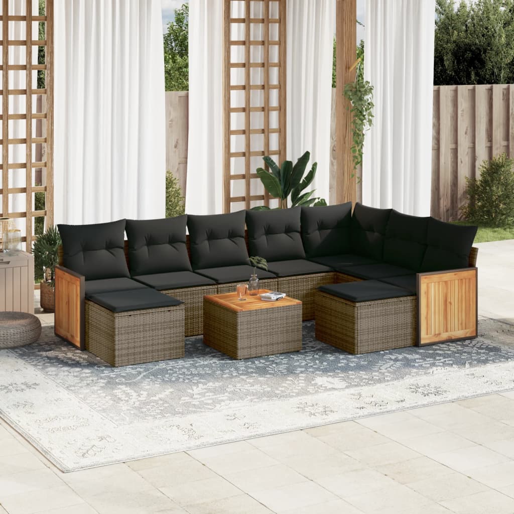 10 Pcs conjunto sofás de jardim c/ almofadões vime PE cinzento
