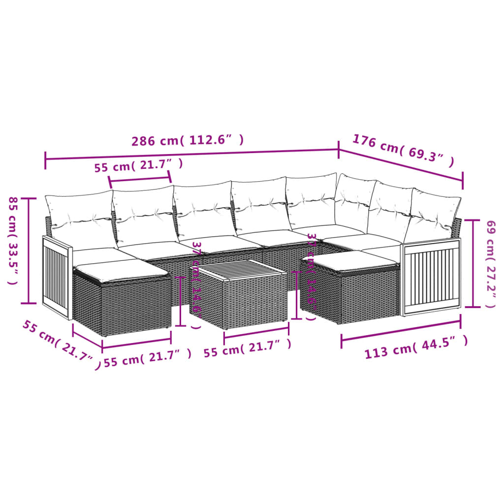 10 Pcs conjunto sofás de jardim c/ almofadões vime PE cinzento