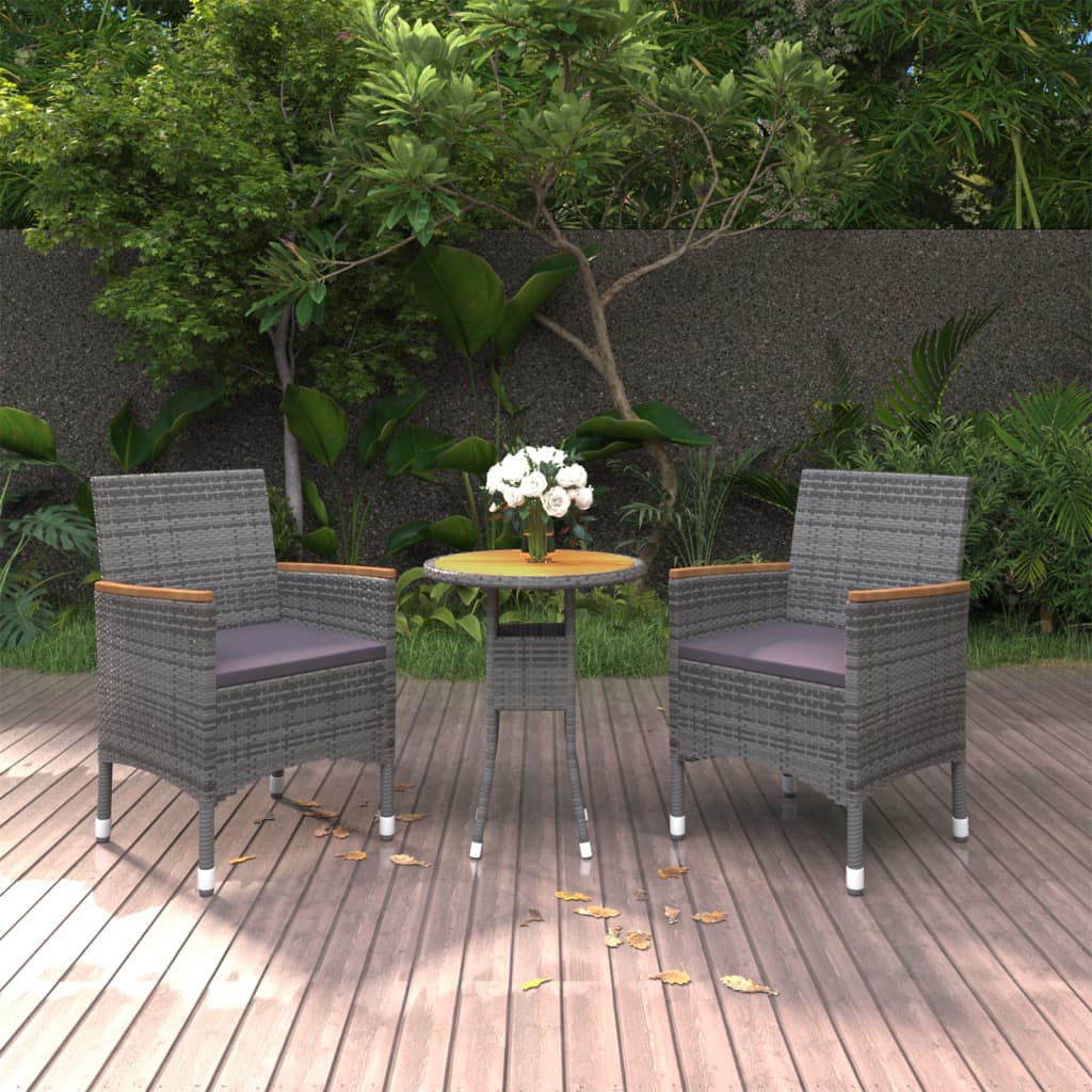 3 Pcs conjunto de jantar para jardim vime PE cinzento