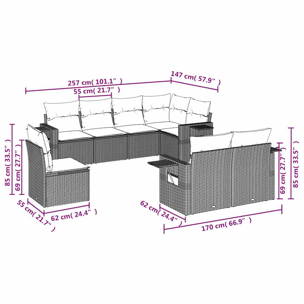 8 Pcs conjunto sofás de jardim com almofadões vime PE preto