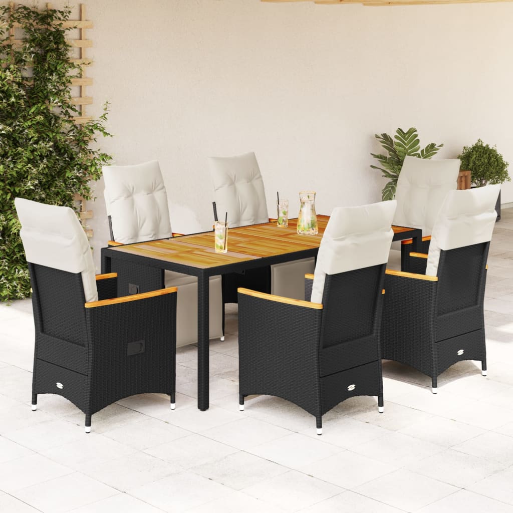 7 Pcs conjunto de bistrô p/ jardim c/ almofadões vime PE preto