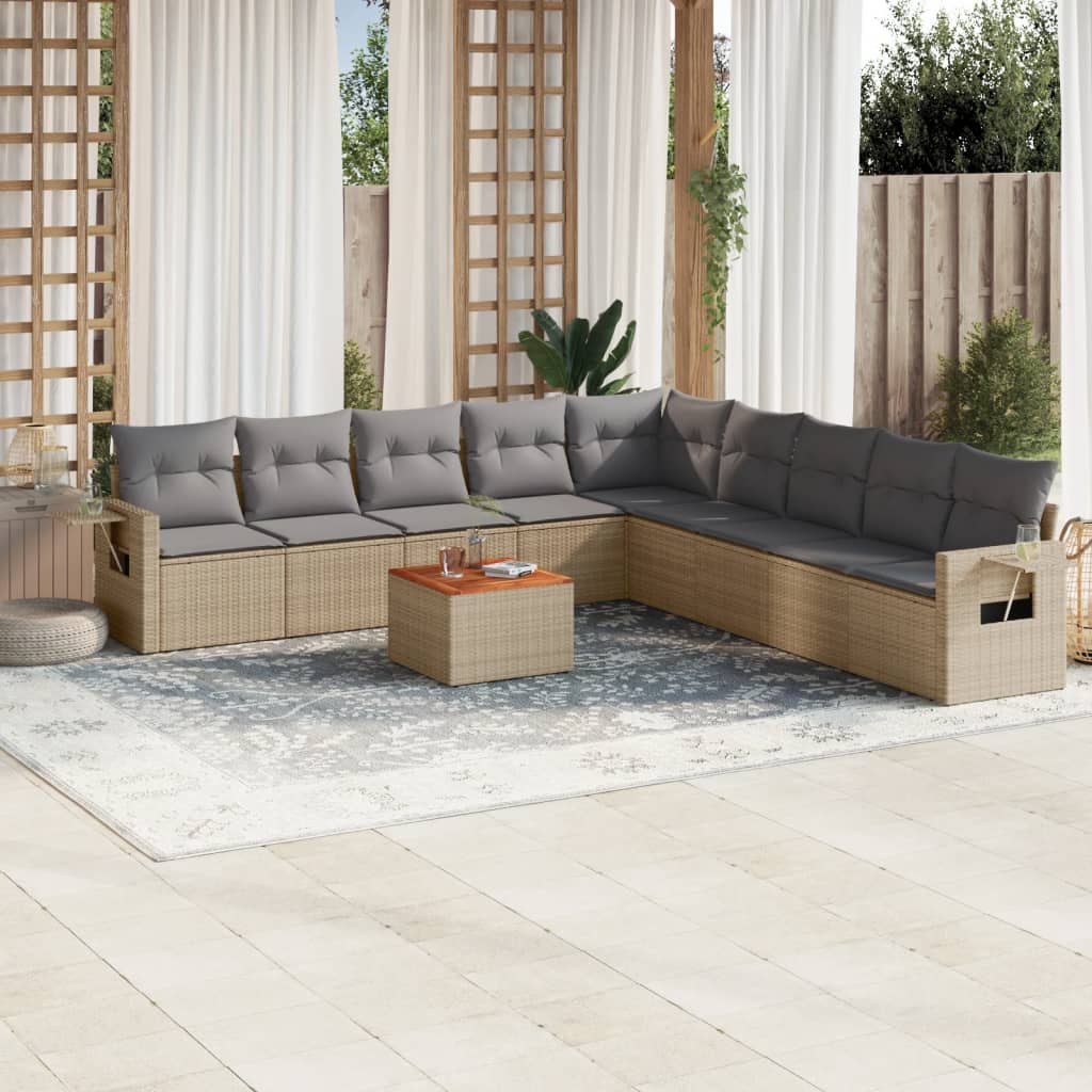 10 Pcs conjunto de sofás p/ jardim com almofadões vime PE bege