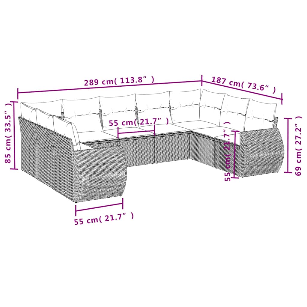 9 Pcs conjunto de sofás p/ jardim c/ almofadões vime PE preto
