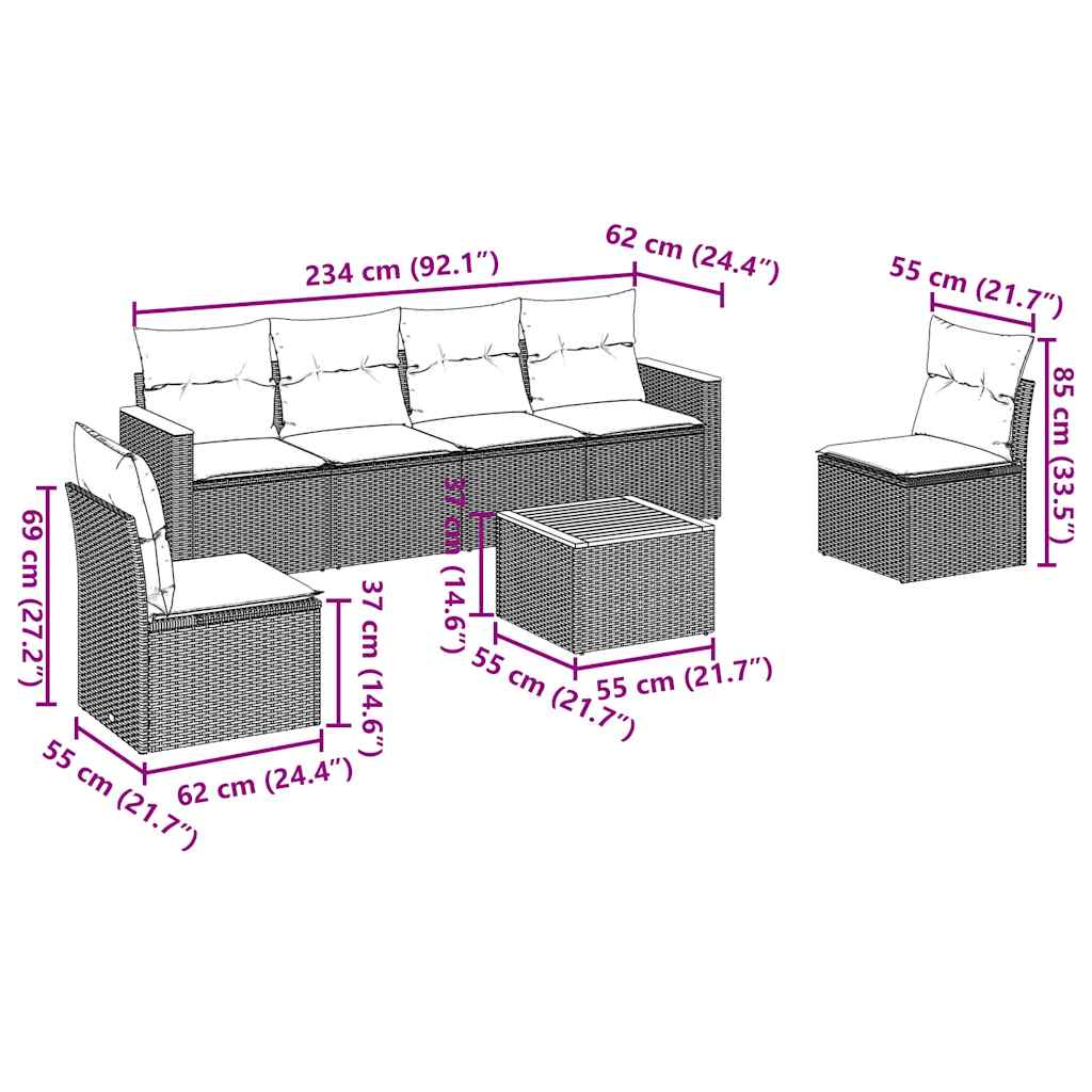 7 Pcs conjunto de sofás p/ jardim c/ almofadões vime PE preto