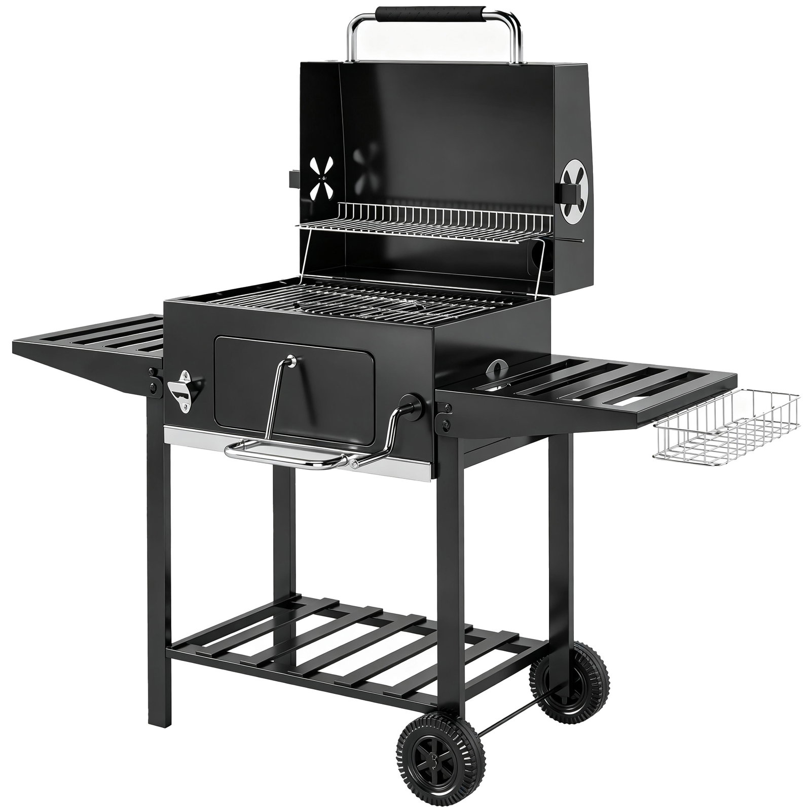 Barbecue a carvão com bandeja ajustável, prateleiras dobráveis, rodas, termómetro, tampa, chaminé, ventilação e cesto