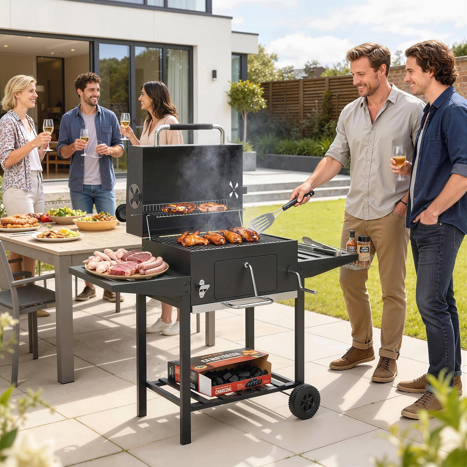 Barbecue a carvão com bandeja ajustável, prateleiras dobráveis, rodas, termómetro, tampa, chaminé, ventilação e cesto
