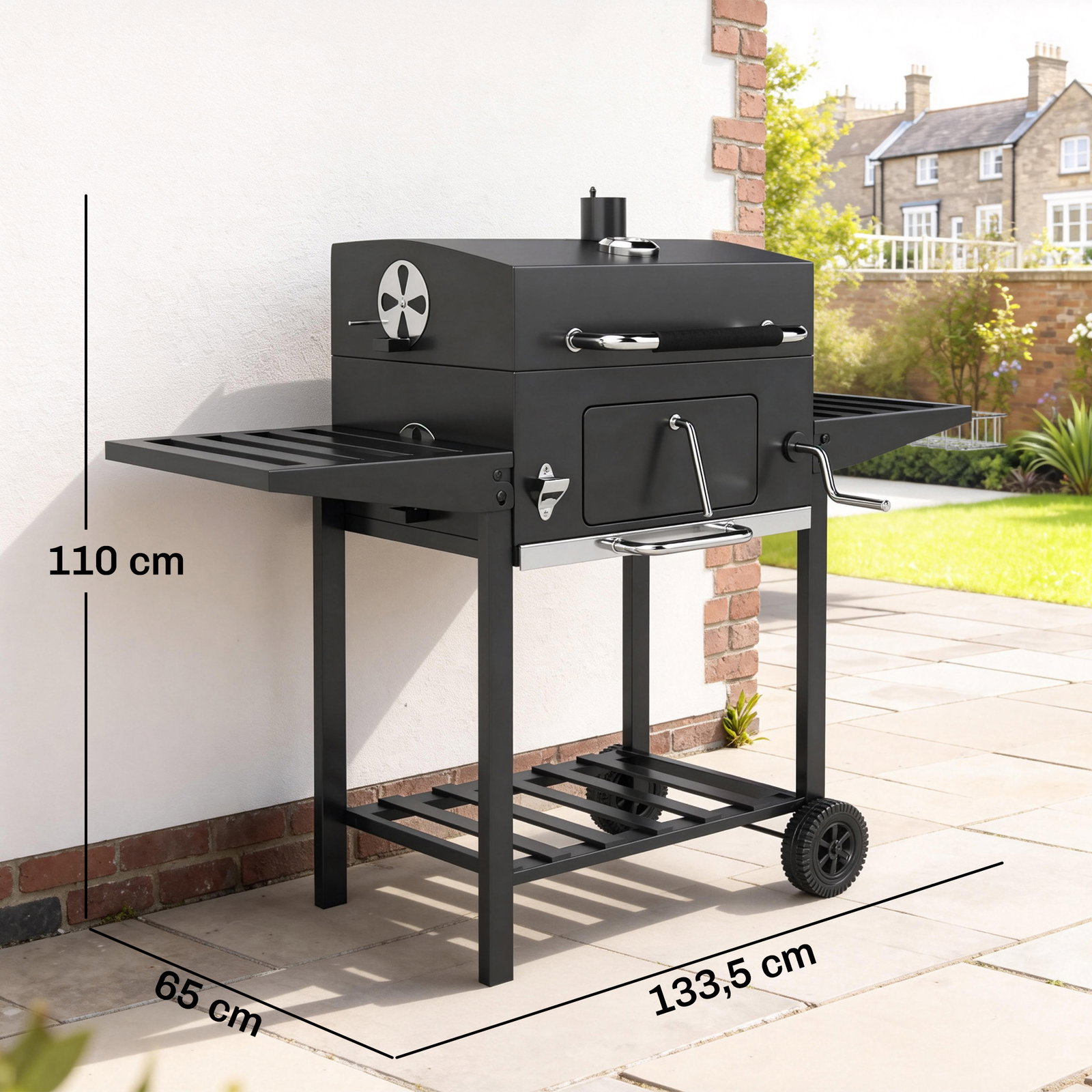 Barbecue a carvão com bandeja ajustável, prateleiras dobráveis, rodas, termómetro, tampa, chaminé, ventilação e cesto