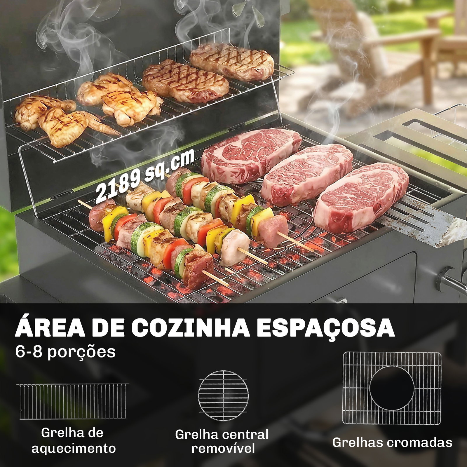 Barbecue a carvão com bandeja ajustável, prateleiras dobráveis, rodas, termómetro, tampa, chaminé, ventilação e cesto