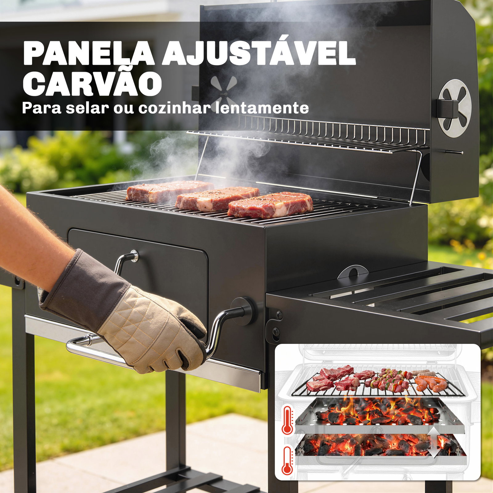 Barbecue a carvão com bandeja ajustável, prateleiras dobráveis, rodas, termómetro, tampa, chaminé, ventilação e cesto