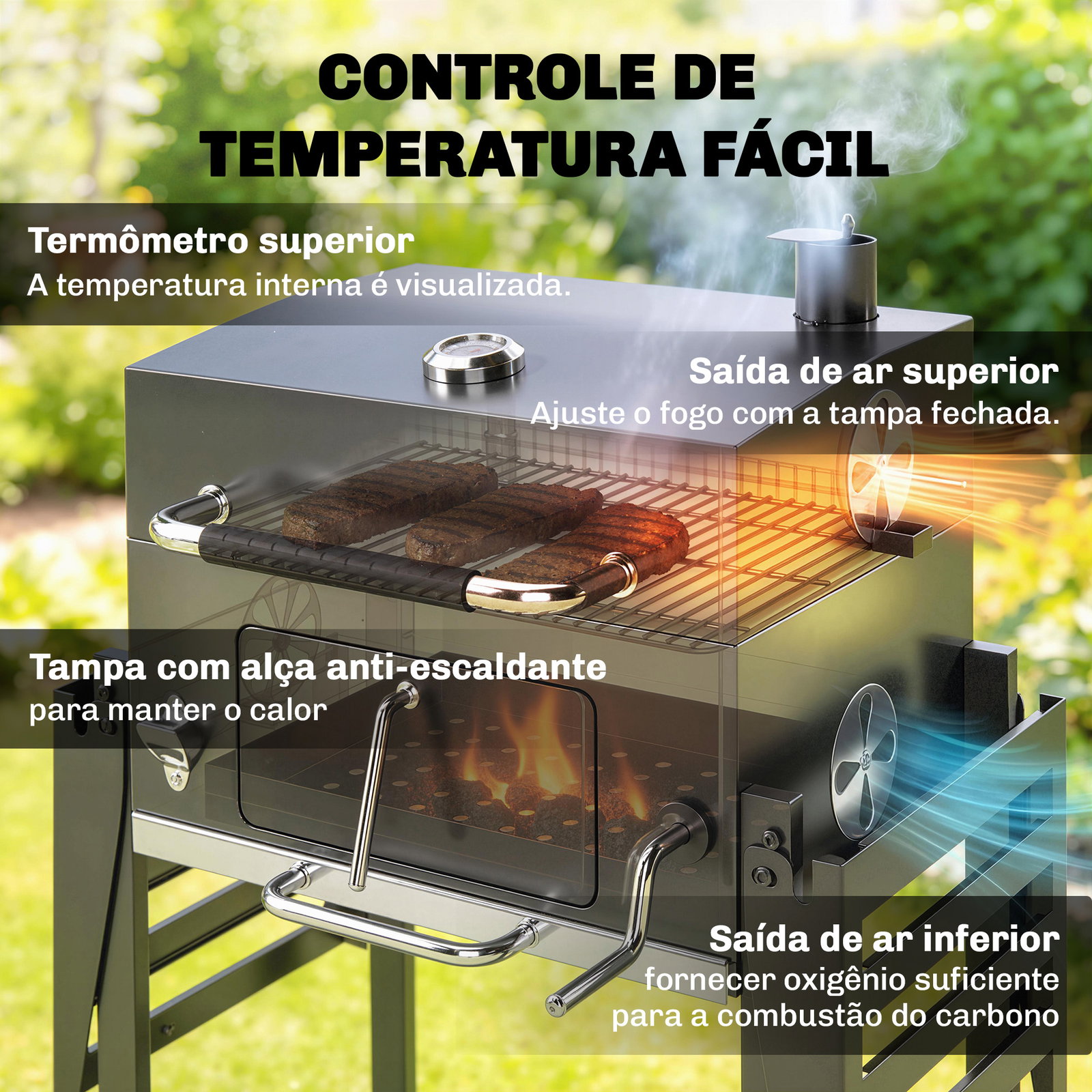Barbecue a carvão com bandeja ajustável, prateleiras dobráveis, rodas, termómetro, tampa, chaminé, ventilação e cesto