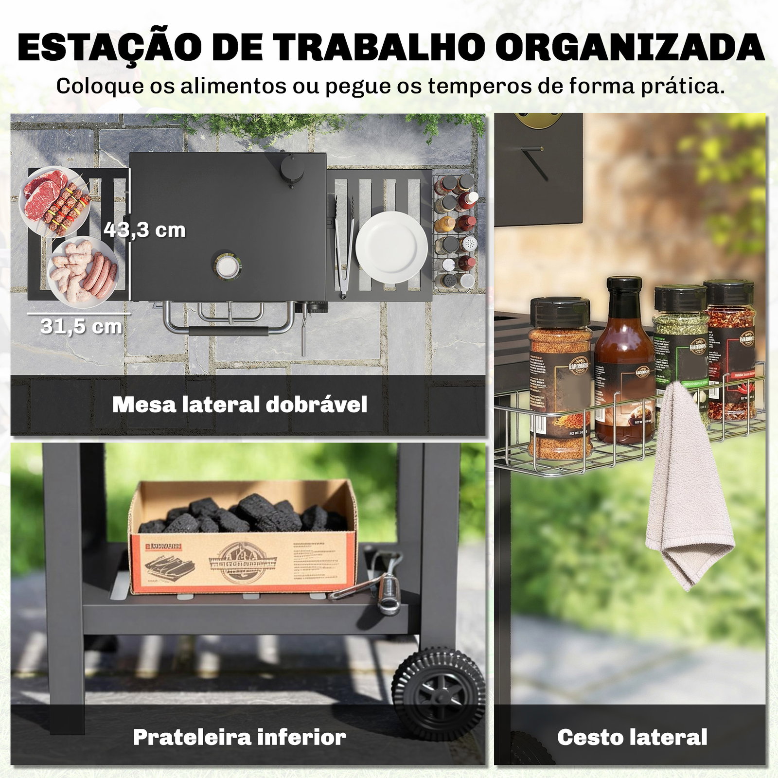 Barbecue a carvão com bandeja ajustável, prateleiras dobráveis, rodas, termómetro, tampa, chaminé, ventilação e cesto