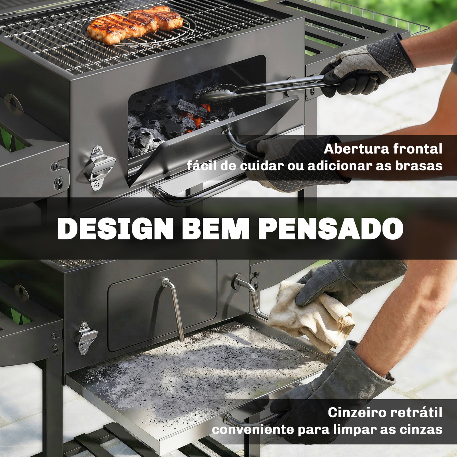 Barbecue a carvão com bandeja ajustável, prateleiras dobráveis, rodas, termómetro, tampa, chaminé, ventilação e cesto
