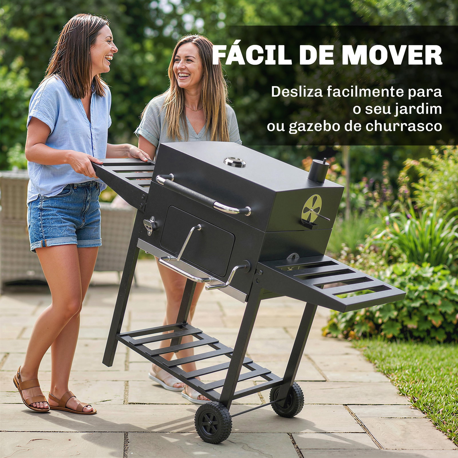 Barbecue a carvão com bandeja ajustável, prateleiras dobráveis, rodas, termómetro, tampa, chaminé, ventilação e cesto