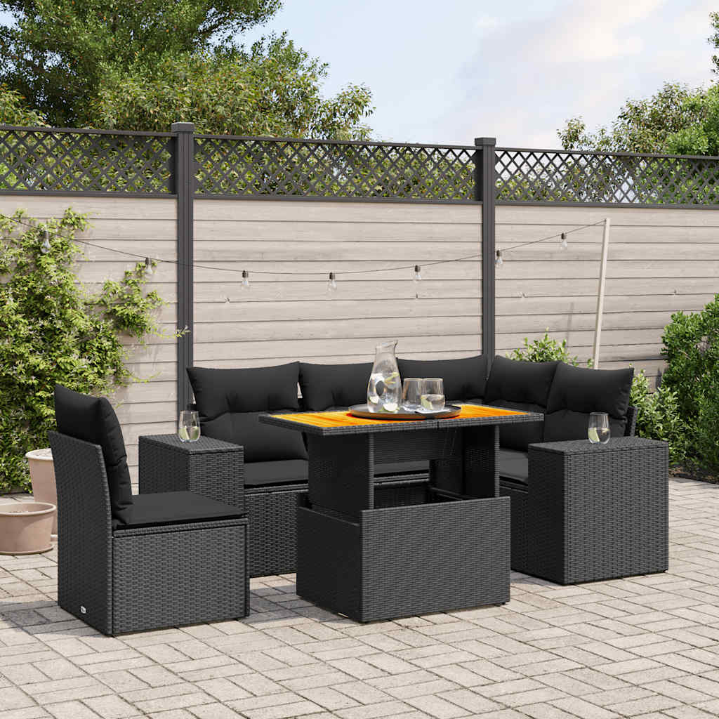 6 Pcs conjunto sofás de jardim c/ almofadões vime PE preto