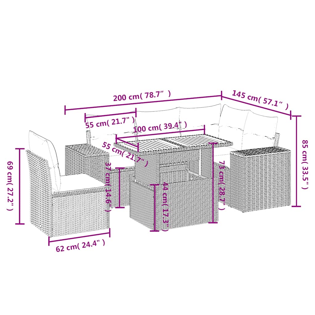 6 Pcs conjunto sofás de jardim c/ almofadões vime PE preto
