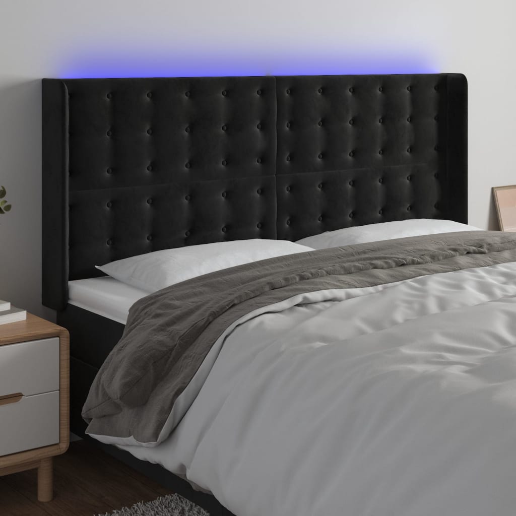 Cabeceira de cama c/ luzes LED veludo 163x16x118/128 cm preto