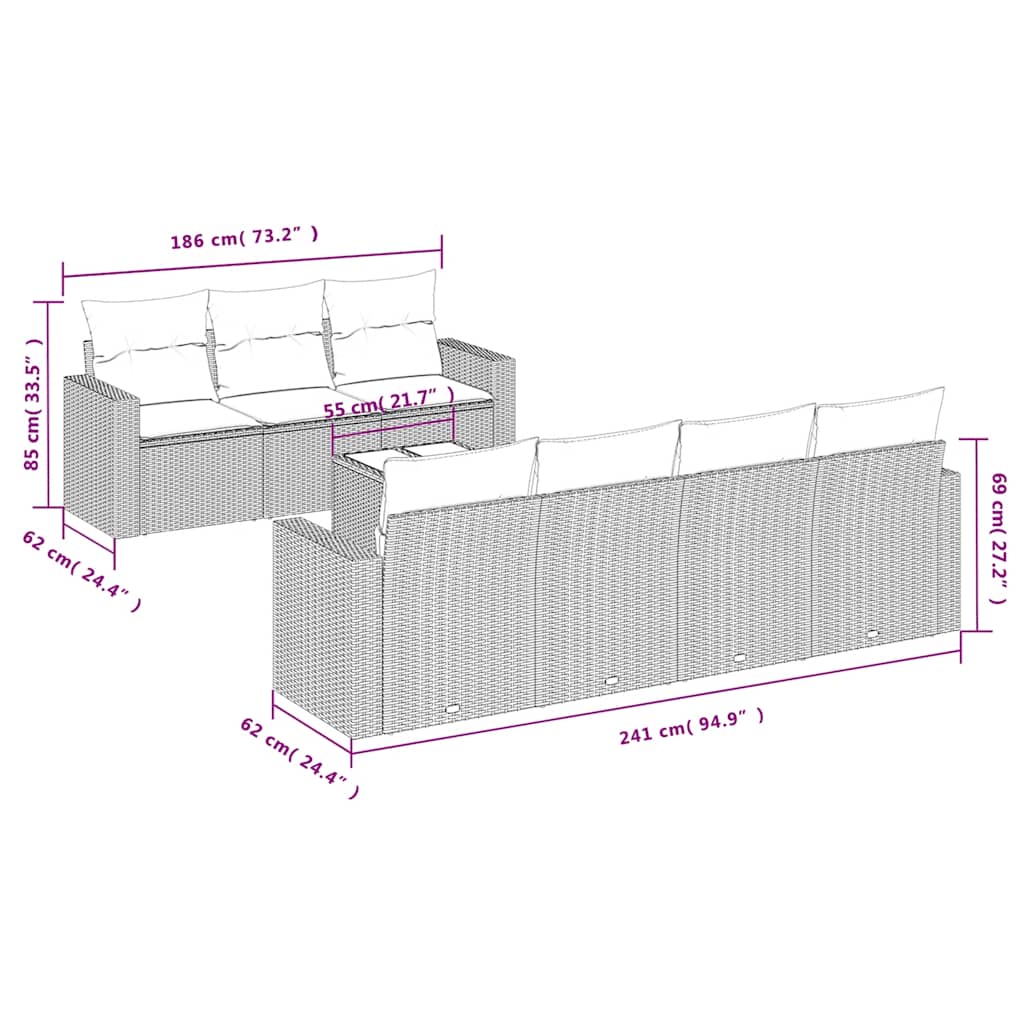 8 Pcs conjunto sofás de jardim com almofadões vime PE preto
