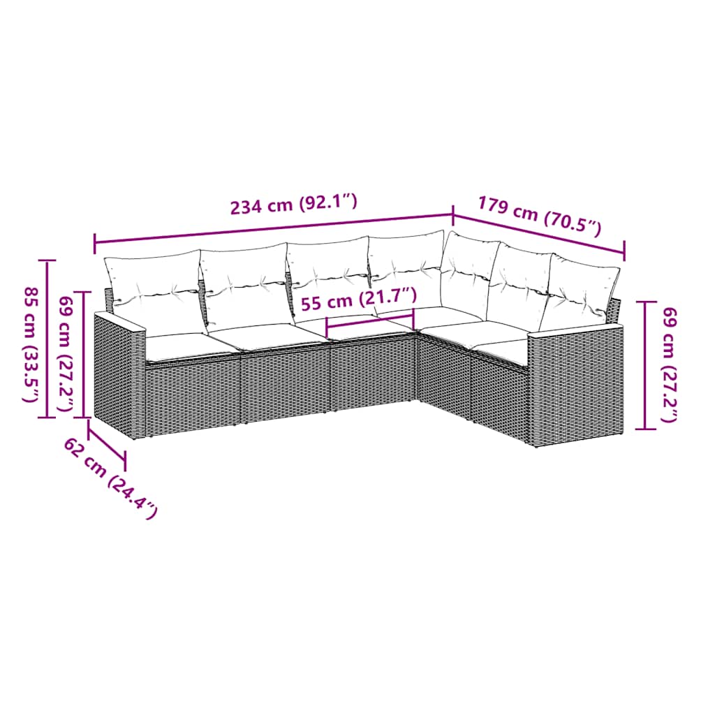 6 Pcs conjunto sofás de jardim c/ almofadões vime PE preto
